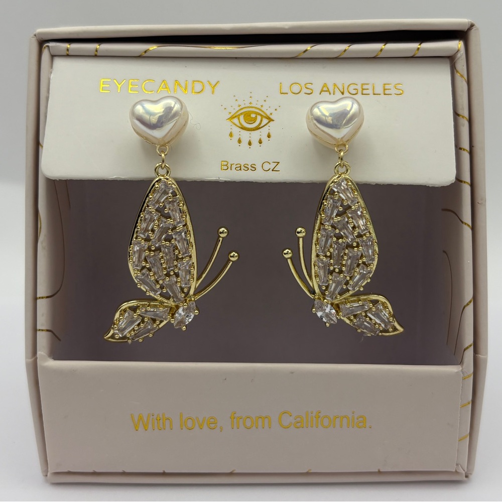 Eye Candy Gold Butterfly Earrings with CZ Stones and Pearlesque Hearts New